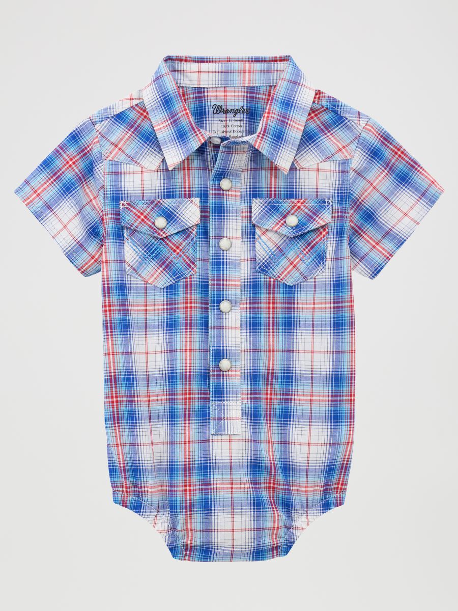 Blue and red plaid Wrangler baby romper on a light gray background
