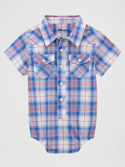 Blue and red plaid Wrangler baby romper on a light gray background