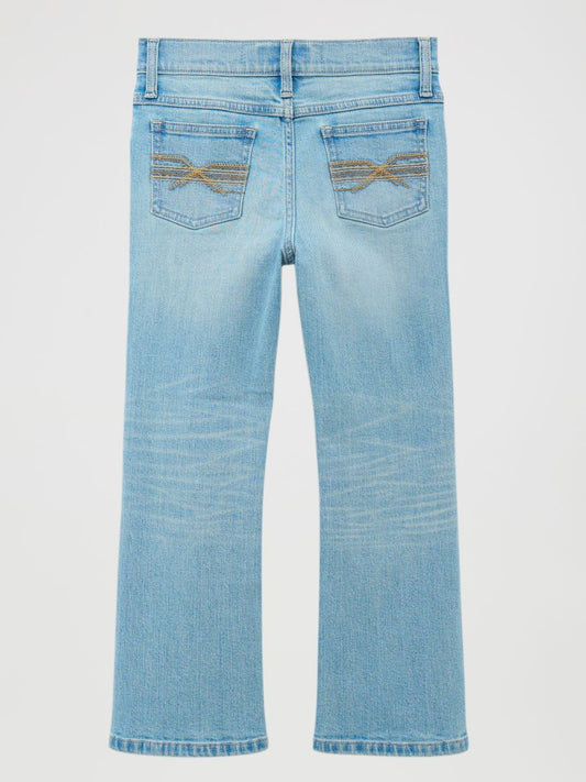 Light blue Wrangler jeans with decorative stitching on a white background