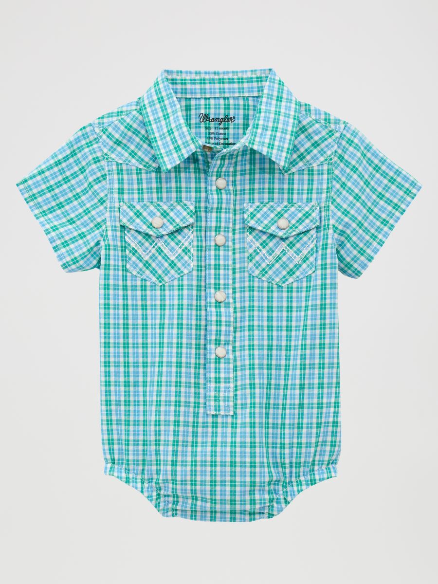 green and blue Wrangler baby shirt on a white background