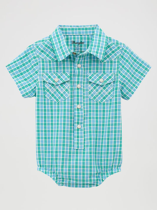green and blue Wrangler baby shirt on a white background