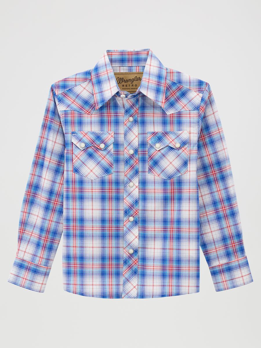 Blue and red plaid Wrangler shirt on a light gray background