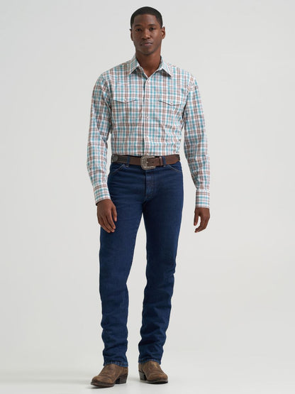 Man wearing a brown plaid Wrangler shirt and blue jeans on a white background