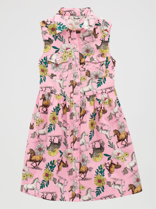 Pink sleeveless Wrangler dress with animal and floral pattern on a white background