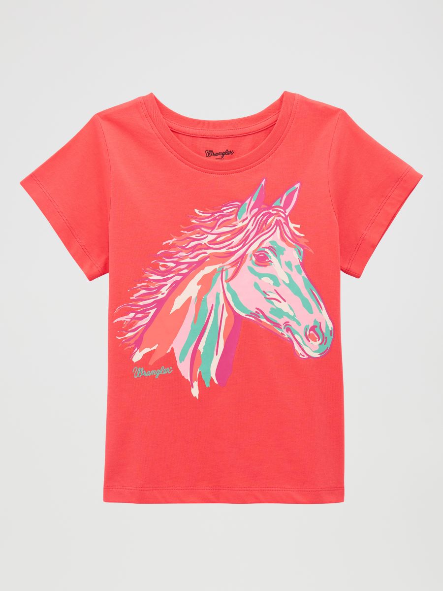 Pink Wrangler t-shirt with a colorful horse graphic on a light gray background