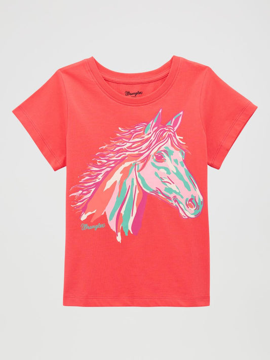 Pink Wrangler t-shirt with a colorful horse graphic on a light gray background