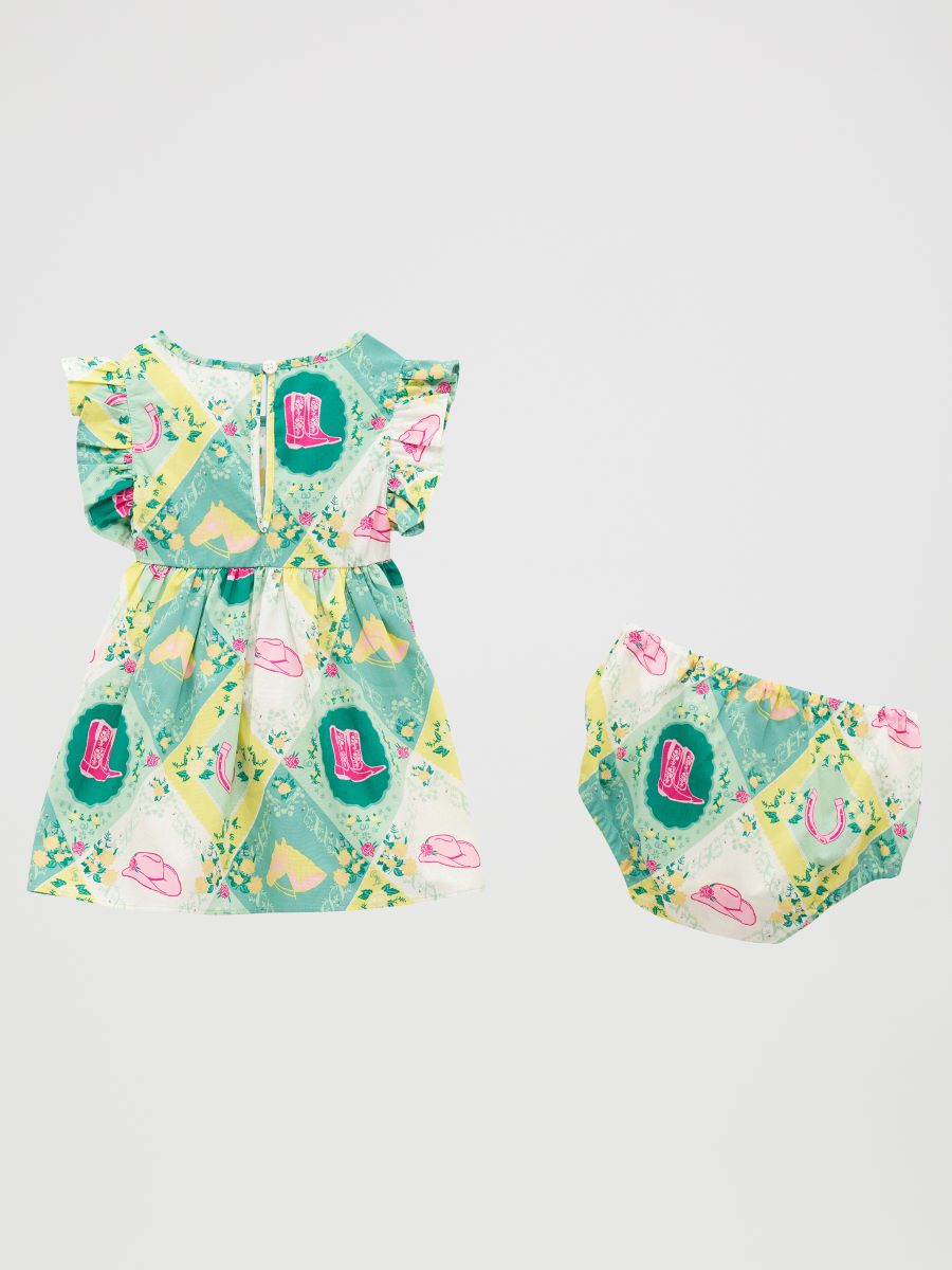 infant Green Wrangler dress with diaper cover on white background