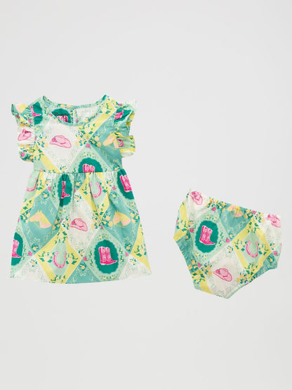 infant Green Wrangler dress with diaper cover on white background