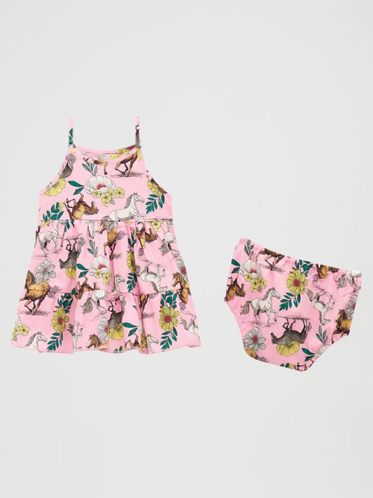 Wrangler Pink children's outfit with floral and animal print on a white background