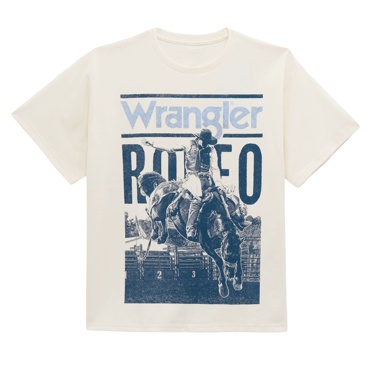 White t-shirt with blue graphic of a cowboy riding a bucking bronco and 'Wrangler Rodeo' text on a white background