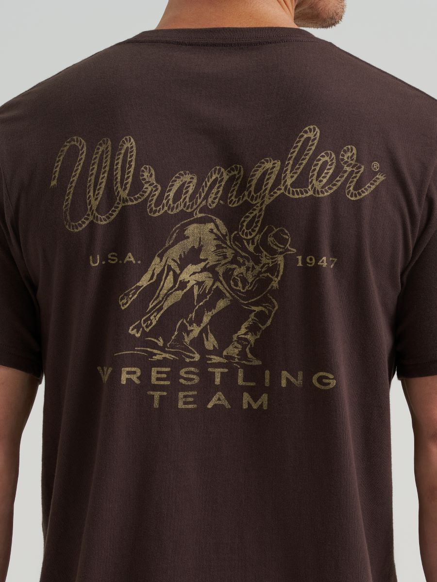 Brown t-shirt with Wrangler logo and 'Wrestling Team' text on a gray background