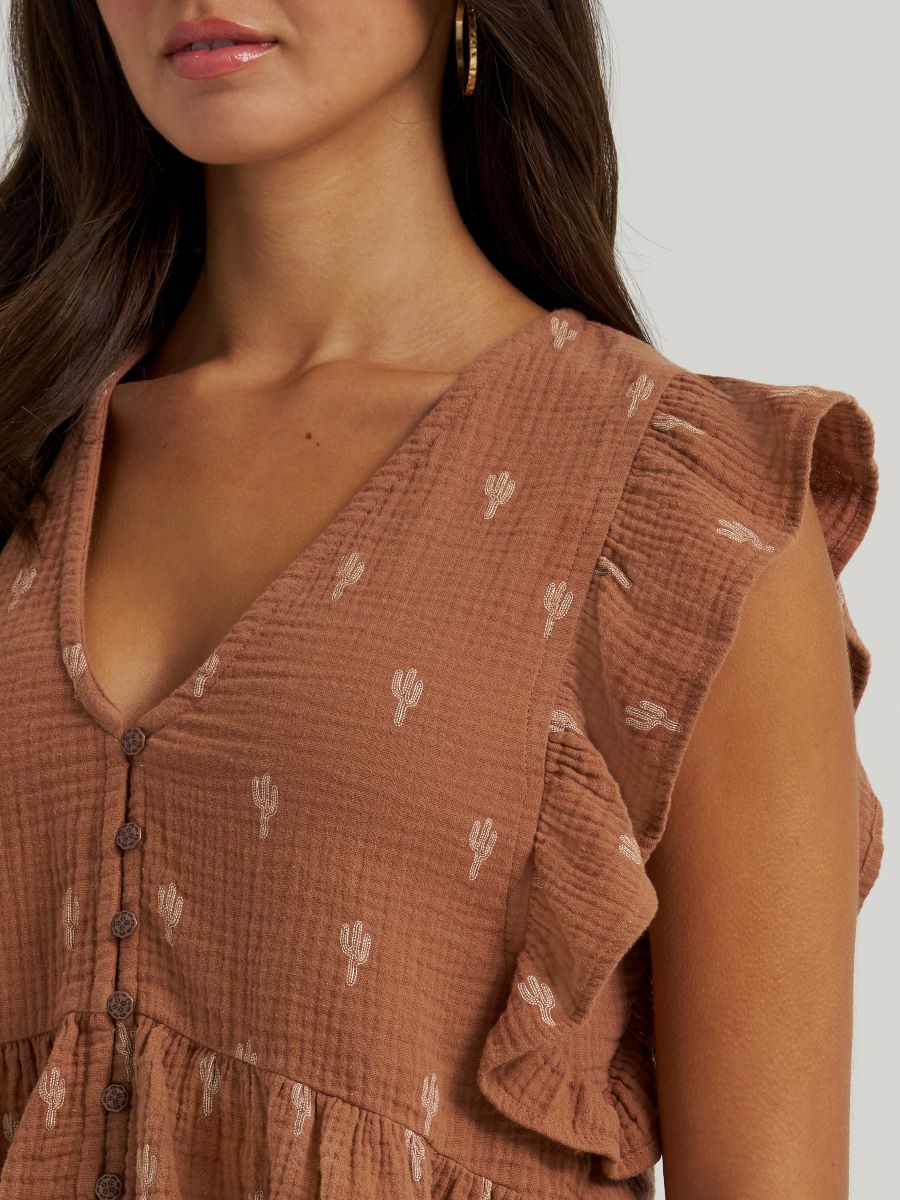 Wrangler Brown patterned dress with ruffled sleeves on a plain background