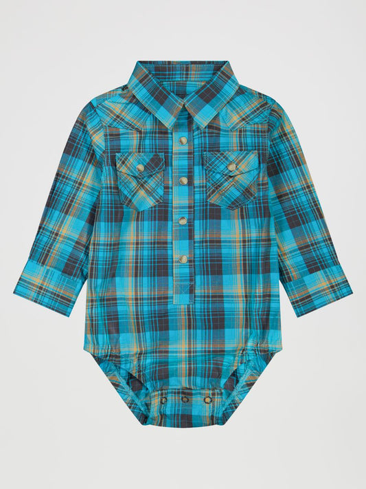 Blue plaid Wrangler baby bodysuit on a white background