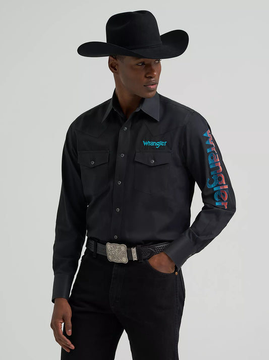 Person wearing a black Wrangler shirt with branding on a gray background