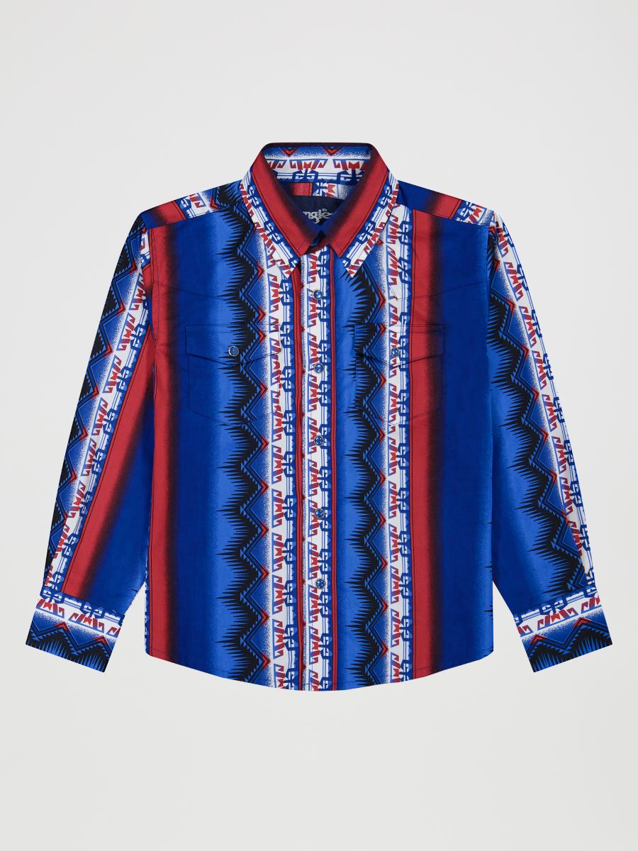 Blue and red patterned Wrangler shirt on a white background