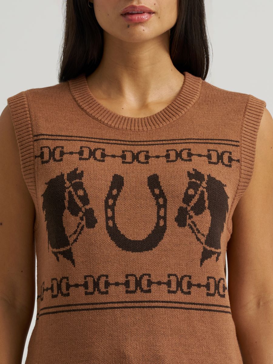 Brown sleeveless Wrangler sweater vest with horse and horseshoe pattern worn by a person.
