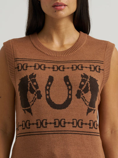 Brown sleeveless Wrangler sweater vest with horse and horseshoe pattern worn by a person.
