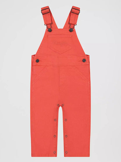 pink Wrangler infant overalls on a light gray background
