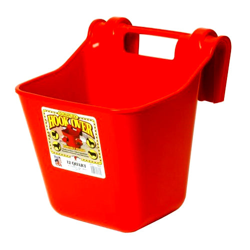 a red square bucket with hooks to hang it over a fence