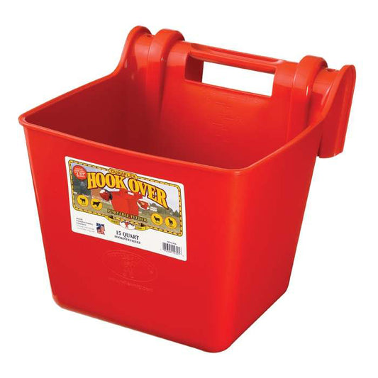 a red square bucket with hooks to hang bucket over a fence. Bucket is on a white background.