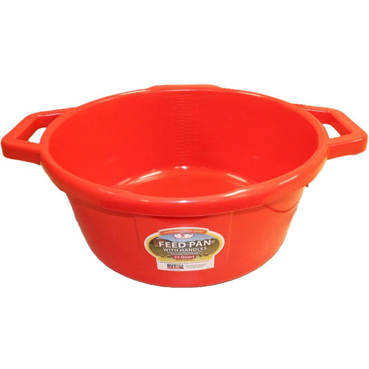 a red feed pan with handles