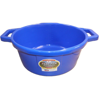a blue feed pan with handles