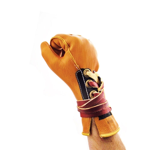 brown leather glove used for bronc riding with a lace up feature on a white background