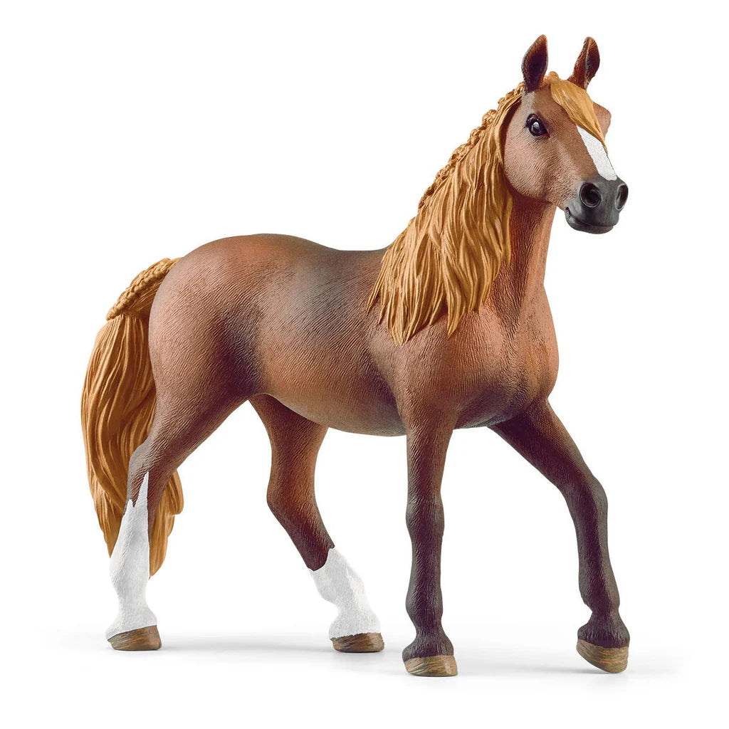 Model Schleich horse with a braided mane on a white background