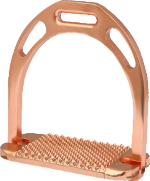 A metallic rose gold horse stirrup with a textured grip on the footbed, shown against a plain white background.