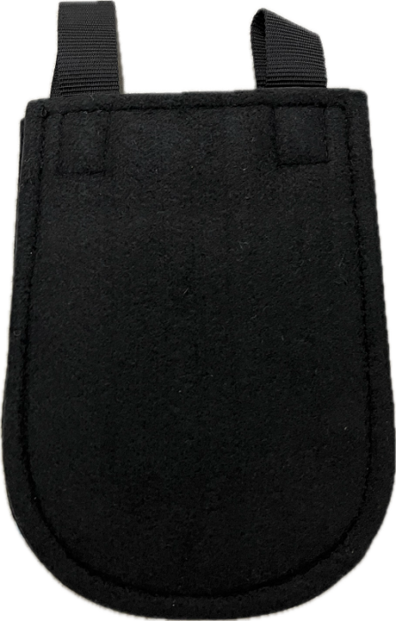 black felt square with rounded end and nylon webb straps on a white background