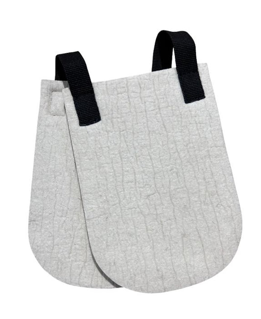 grey felt squares with rounded end and nylon webb straps on a white background