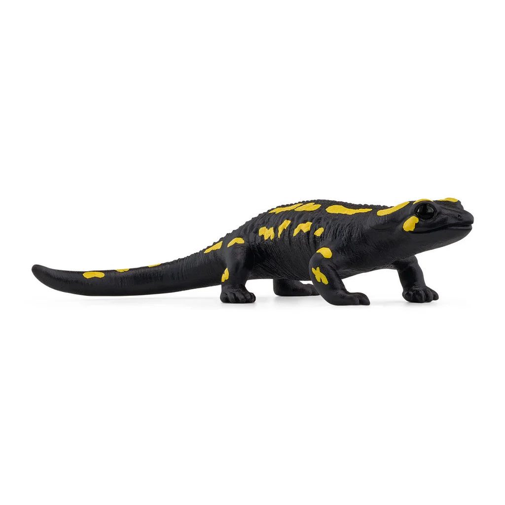 Schleich model of black salamander on a white background