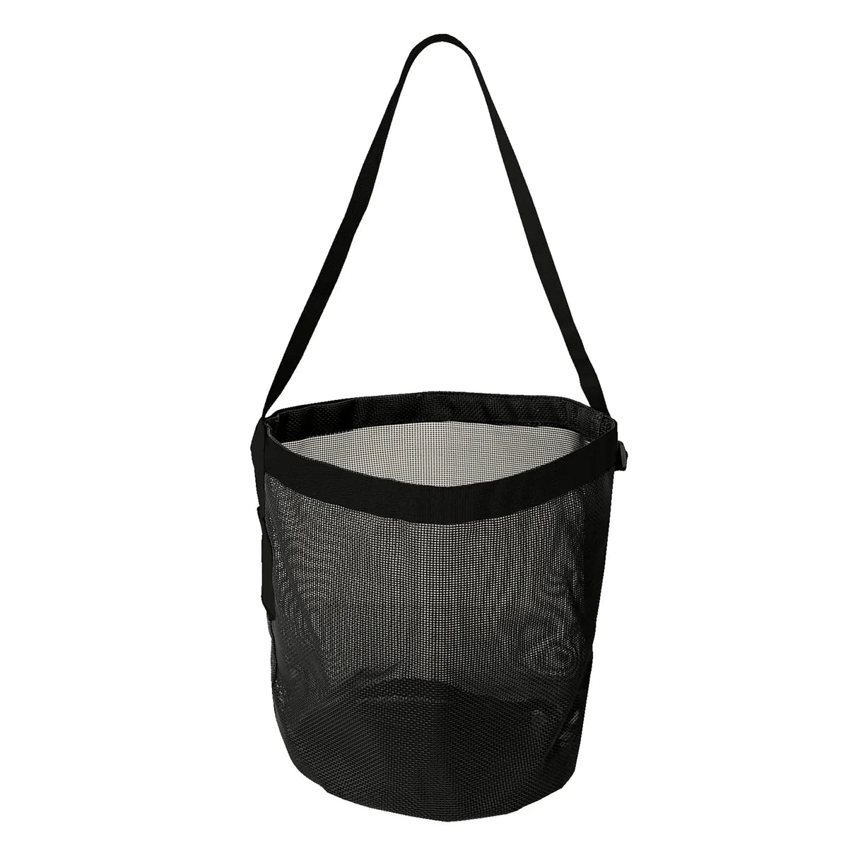 Black mesh bag with a handle on a white background