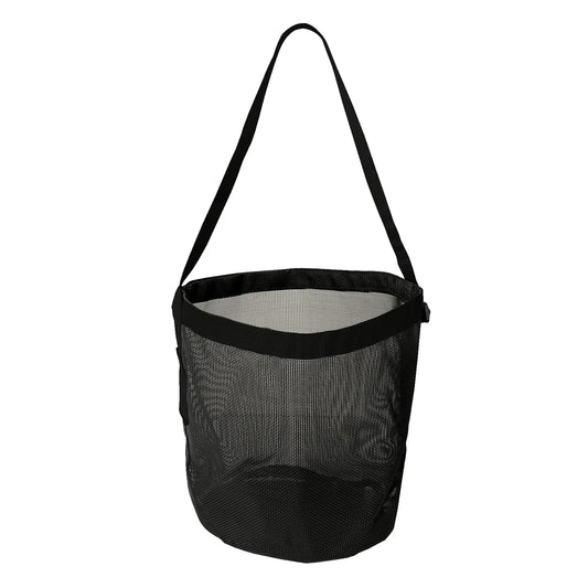 Black mesh bag with a handle on a white background
