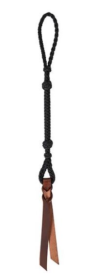 Black rope with a brown leather thong used for riding horse on a white background