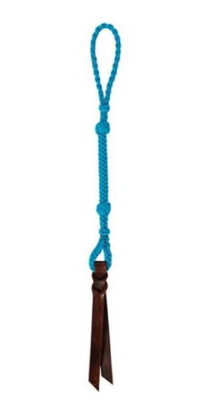 Turquoise rope with a brown leather thong used for riding horse on a white background