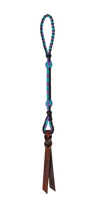 Blue and turquoise rope with a brown leather thong used for riding horse on a white background