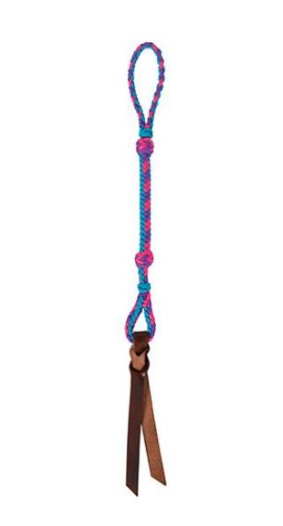 pink, blue and purple rope with a brown leather thong used for riding horse on a white background