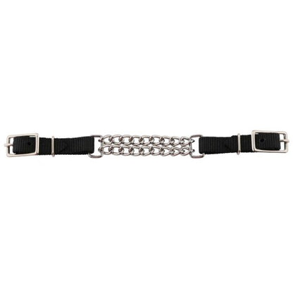 Black nylon strap with nickel plated double chain and buckles on a white background
