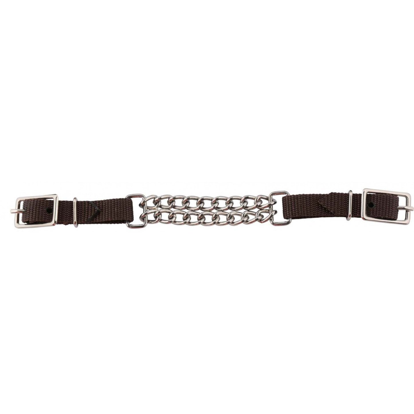 Brown nylon strap with nickel plated double chain and buckles on a white background