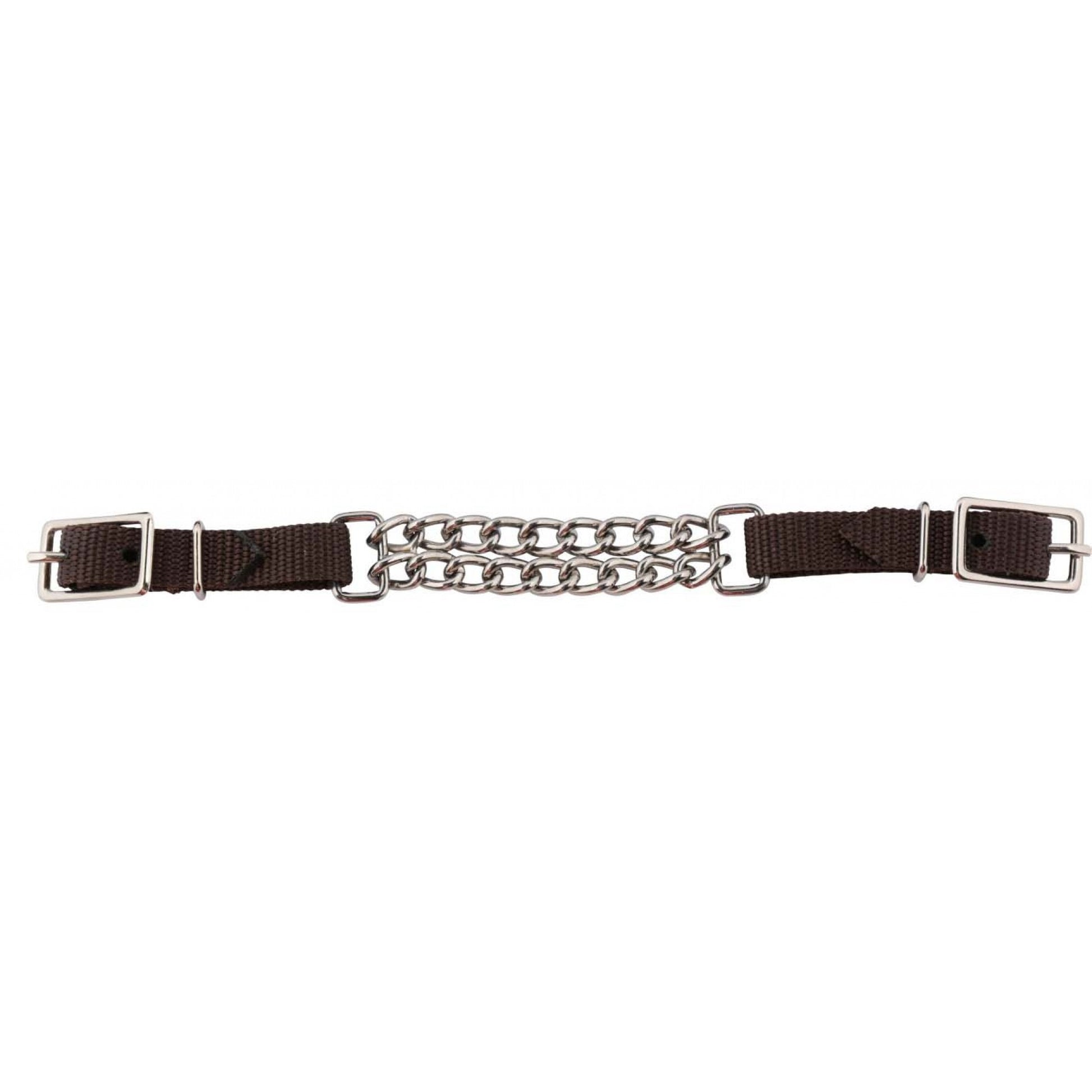 Brown nylon strap with nickel plated double chain and buckles on a white background