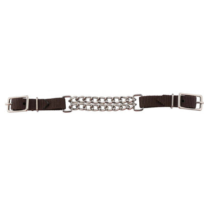 Brown nylon strap with nickel plated double chain and buckles on a white background