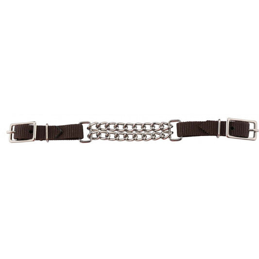 Brown nylon strap with nickel plated double chain and buckles on a white background