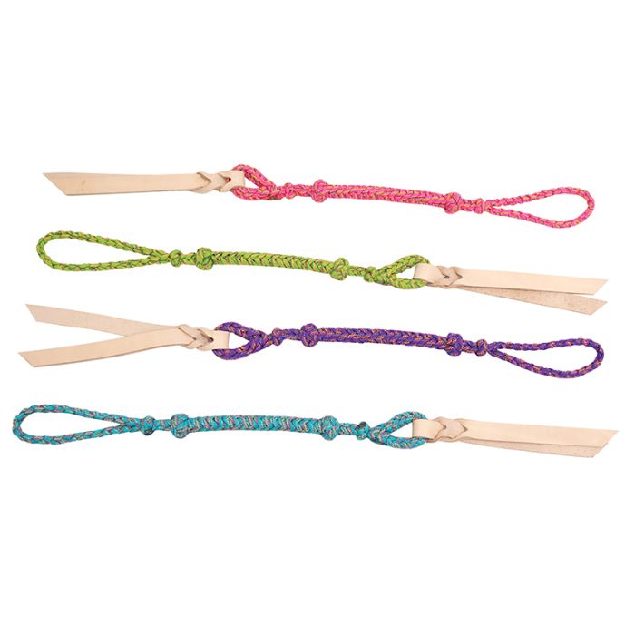 Four braided colorful quirts with leather poppers that are used in riding horses