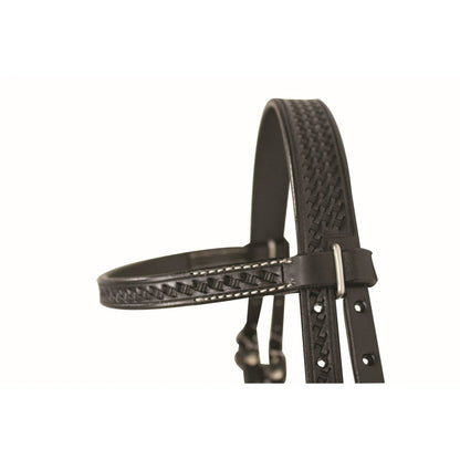 dark brown leather bridle with intricate patterns on a white background