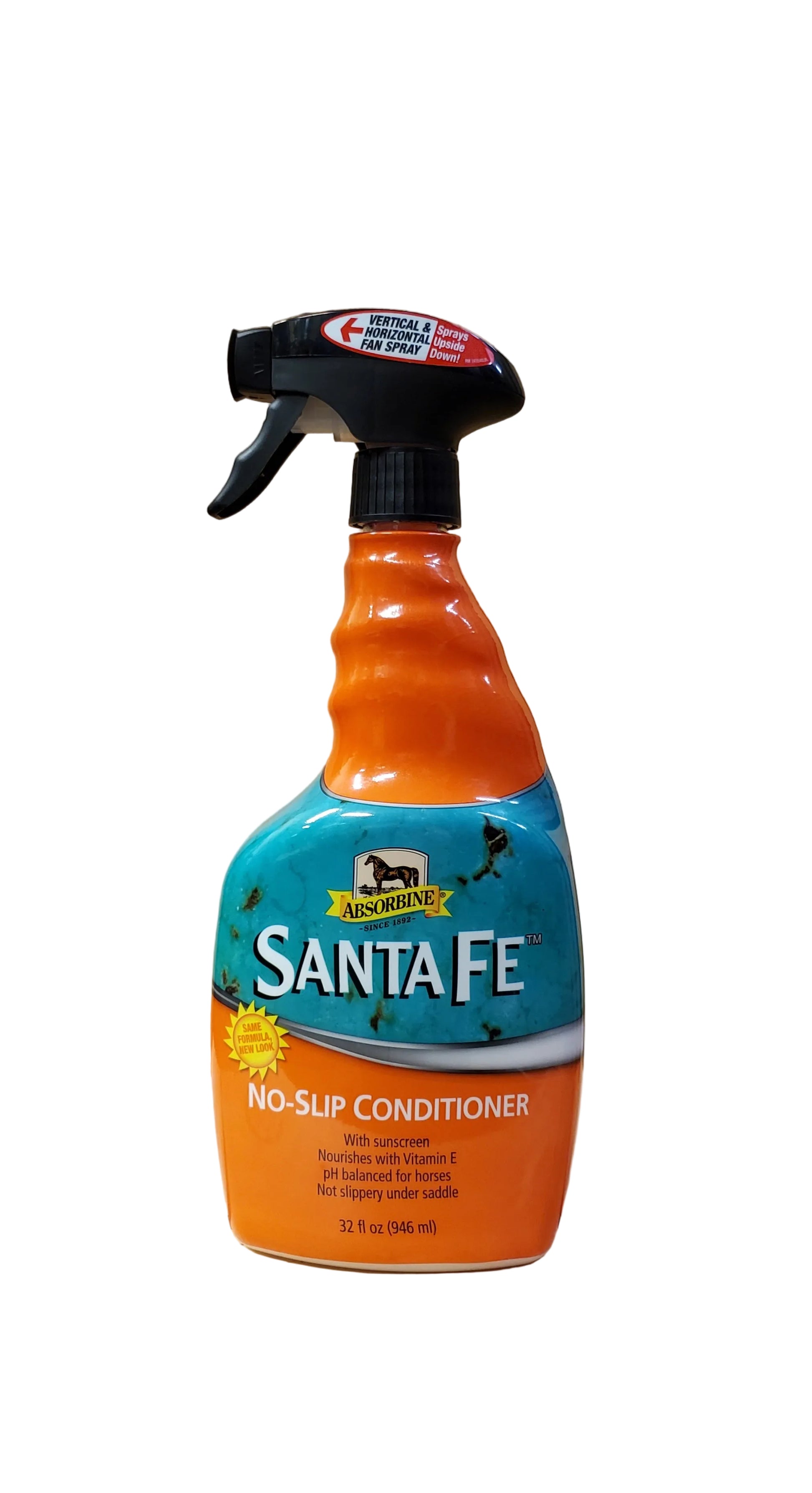 A bottle of Santa Fe No-Slip Conditioner by Absorbine, designed for horses, with a spray pump. The label is orange and has text and branding.