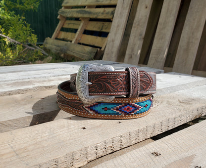 Teal Stitch & Floral Tooling Men's Belt by Nocona®