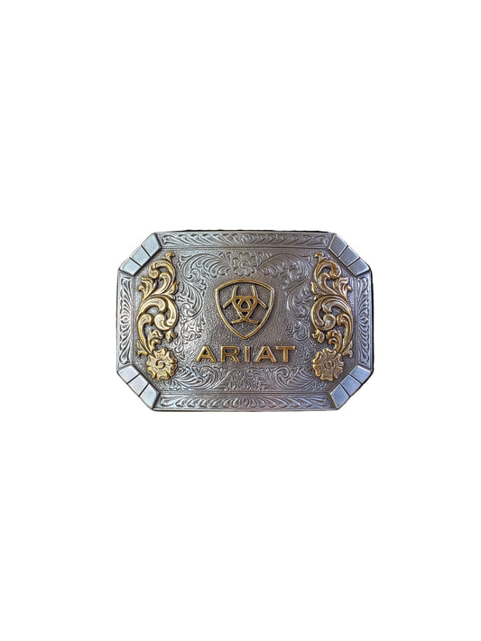 a smooth edge belt buckle with gold floral detail and the ariat logo