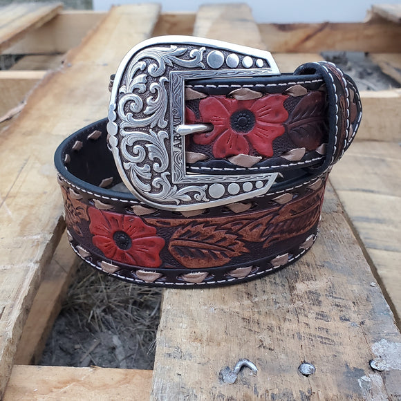 Chocolate & Red Floral Tooled & Buckstitch Women's Belt by Ariat®