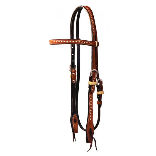 a leather headstall with bucktstitch detail for horses on a white background